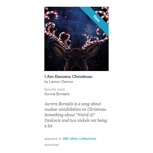 Screenshot of the version of I Am Become Christmas by Lemon Demon from Needlejuice Records' Bandcamp profile