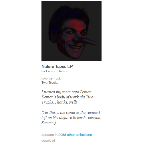Screenshot of the version of Nature Tapes by Lemon Demon from Neil's own Bandcamp profile