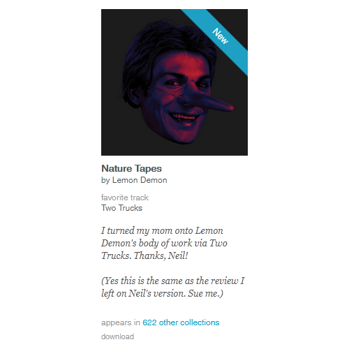 Screenshot of the version of Nature Tapes by Lemon Demon from Needlejuice Records' Bandcamp profile
