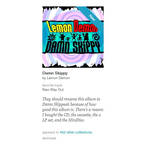 Screenshot of the version of Damn Skippy by Lemon Demon from Needlejuice Records' Bandcamp profile