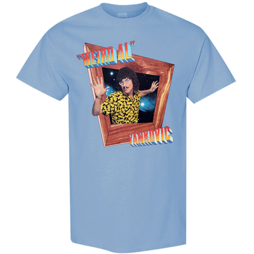 Photograph of me wearing a blue t-shirt with the cover of Weird Al Yankovic - In 3-D printed on