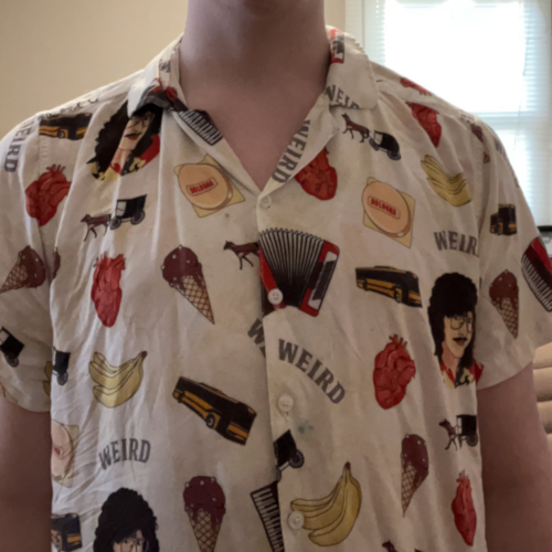 Photograph of me wearing a Hawaiian shirt based on Weird: The Al Yankovic Story